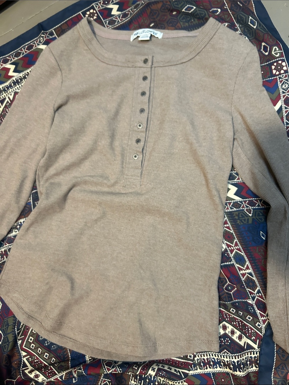 Wallflower Ribbed Henley Top - Taupe Brown